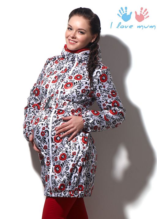 Куртка демис. 3в1 Вуаля Цветочная (черно-белая с красным) для беременных и слингоношения  I Love Mum 1